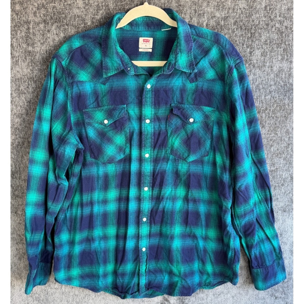 Levi's Men's Plaid Flannel Western Shirt XL Blue‎ Green Pearl Snap Long Sleeve